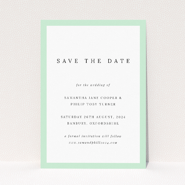 Border Elegance wedding save the date card with sage green border and elegant typography on clean white background. This is a view of the front