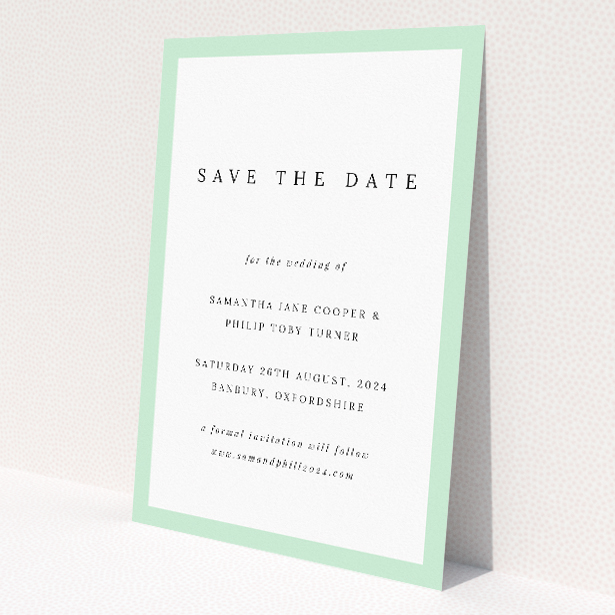 Border Elegance wedding save the date card with sage green border and elegant typography on clean white background. This is a view of the back