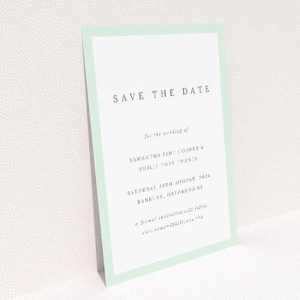 Border Elegance wedding save the date card with sage green border and elegant typography on clean white background. This is a view of the back