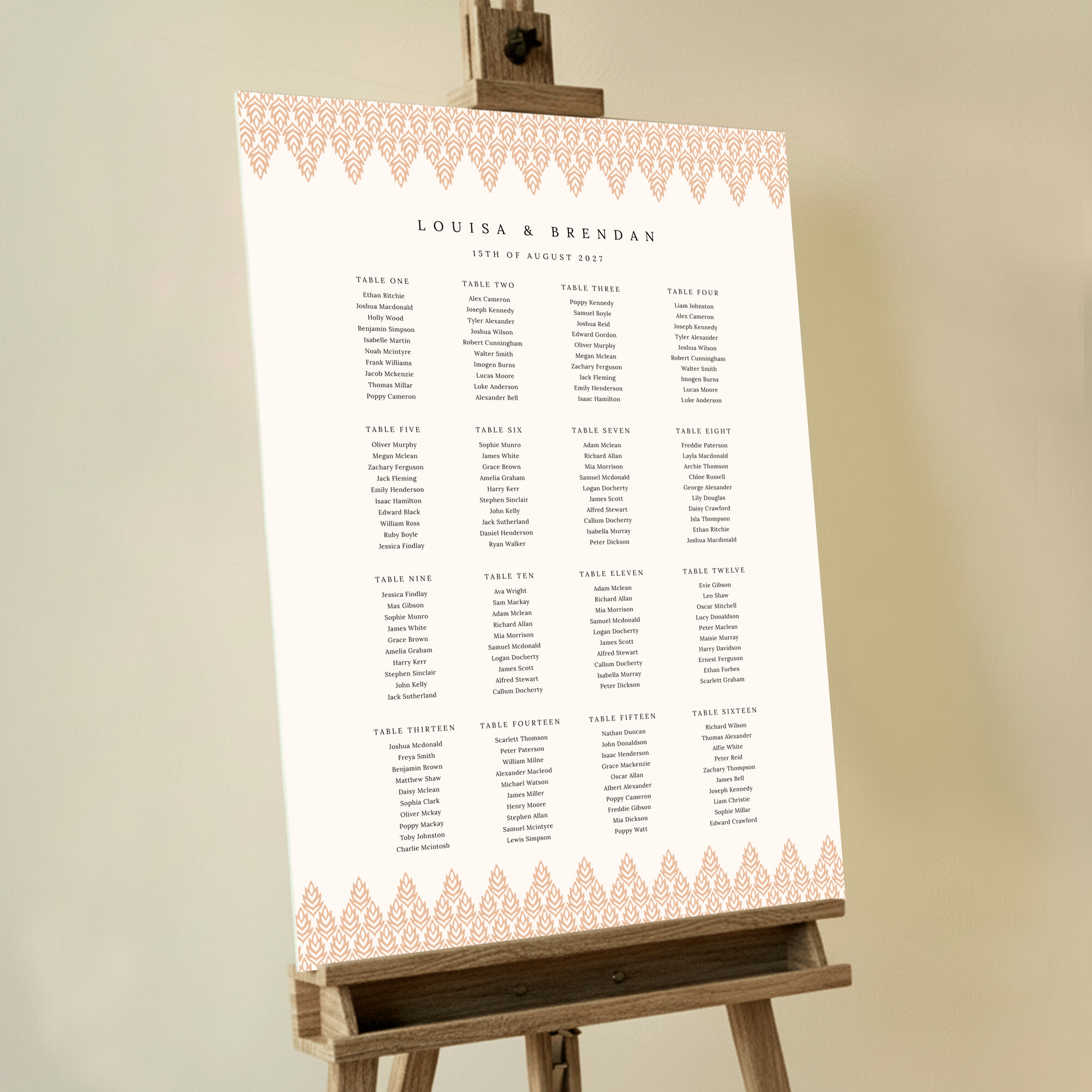 Custom Botanic Rusticity Seating Charts with rustic and simple design adorned with botanic engravings turned into patterns at the top and bottom of the board, adding a touch of natural elegance to your special day, perfect for an earthy wedding theme.. This template is formatted for 16 tables.