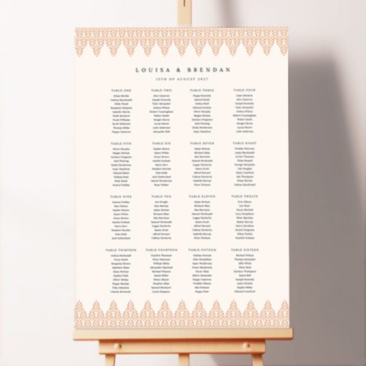Custom Botanic Rusticity Seating Charts with rustic and simple design adorned with botanic engravings turned into patterns at the top and bottom of the board, adding a touch of natural elegance to your special day, perfect for an earthy wedding theme.. This template is formatted for 16 tables.