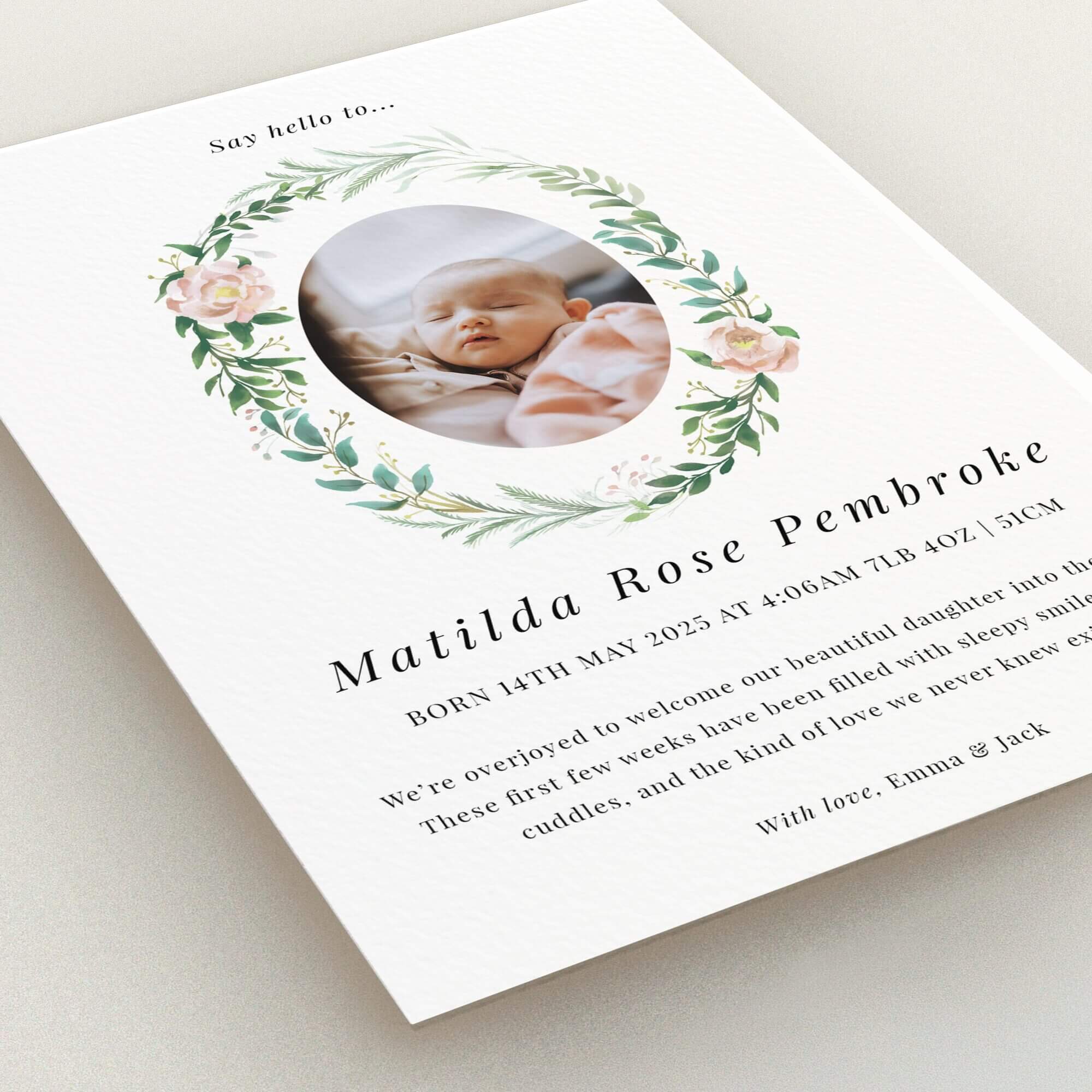 Floral birth announcement card design with one baby photo and personalised text from Utterly Printable.