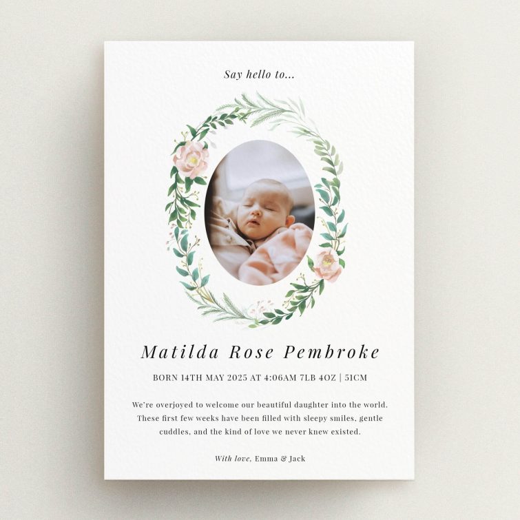 Floral birth announcement card design with one baby photo and personalised text from Utterly Printable.
