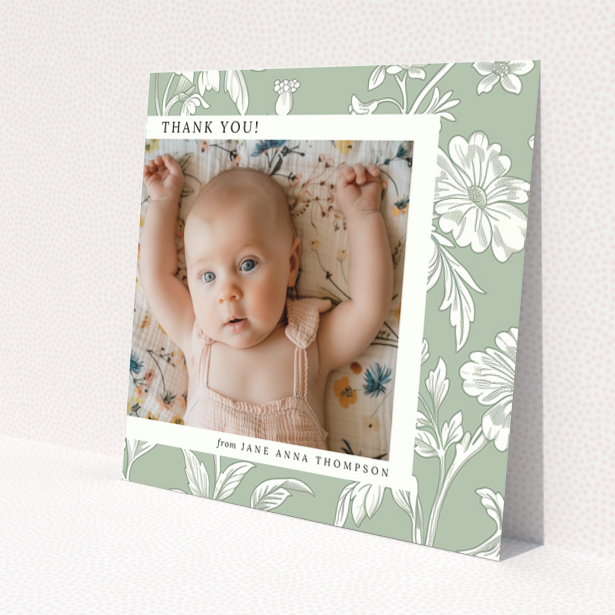 Baby thank you card with floral design and one photo