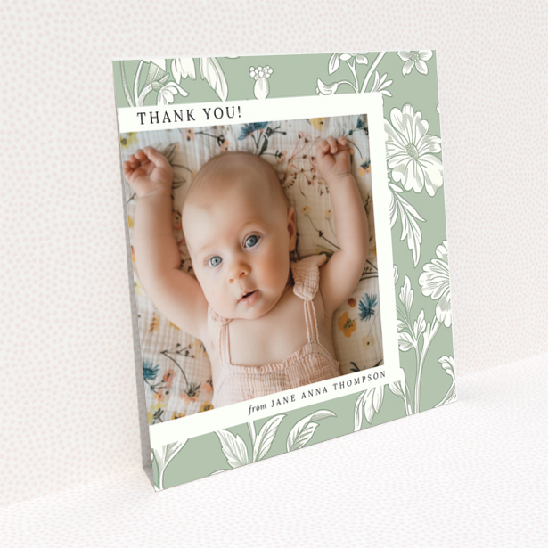 Baby thank you card with floral design and one photo