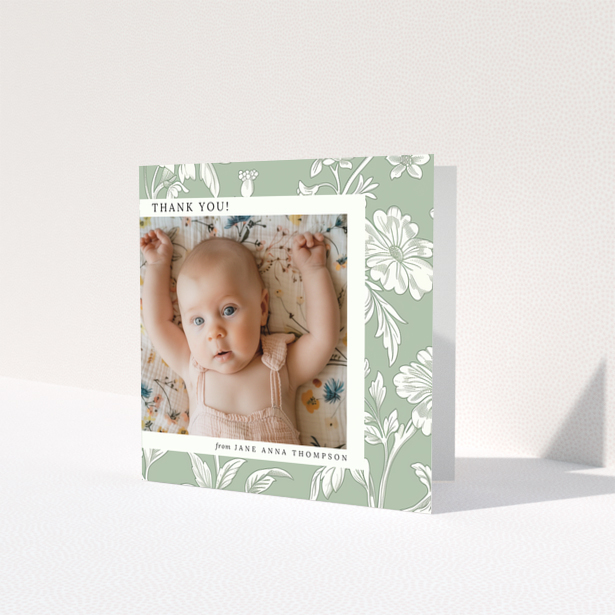 Baby thank you card with floral design and one photo