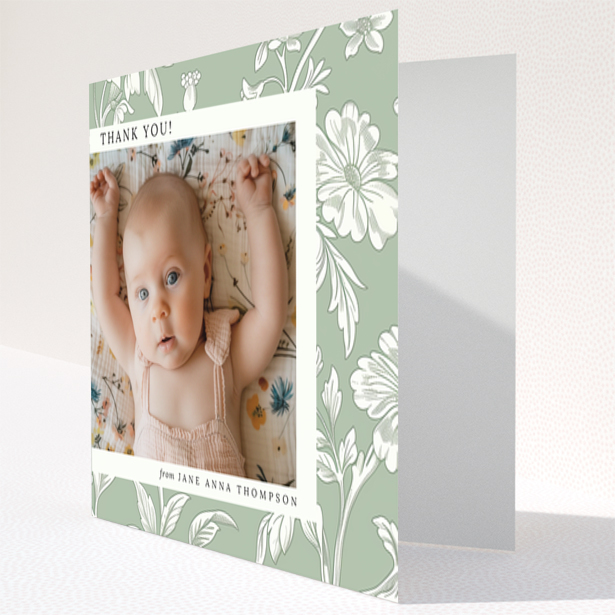 Baby thank you card with floral design and one photo