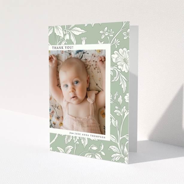 Baby thank you card with floral design and one photo
