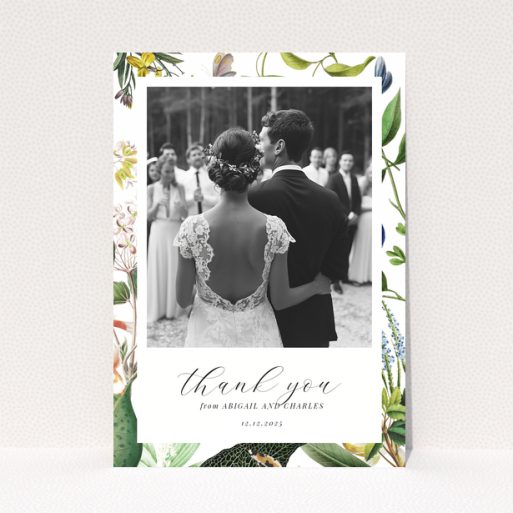 Floral wedding thank you card with couple's back view, one photo