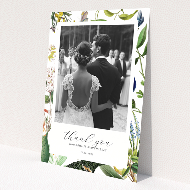 Floral wedding thank you card with couple's back view, one photo