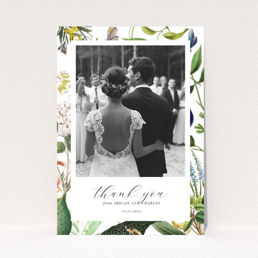 Floral wedding thank you card with couple's back view, one photo