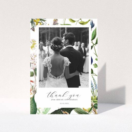 Floral wedding thank you card with couple's back view, one photo