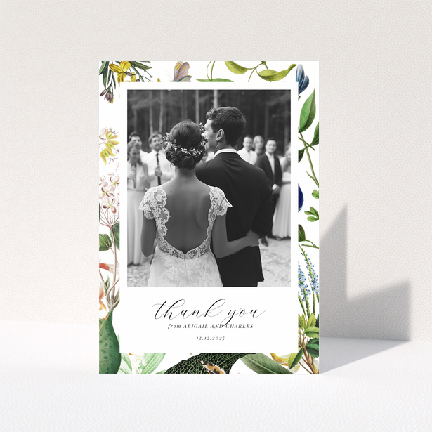 Floral wedding thank you card with couple's back view, one photo
