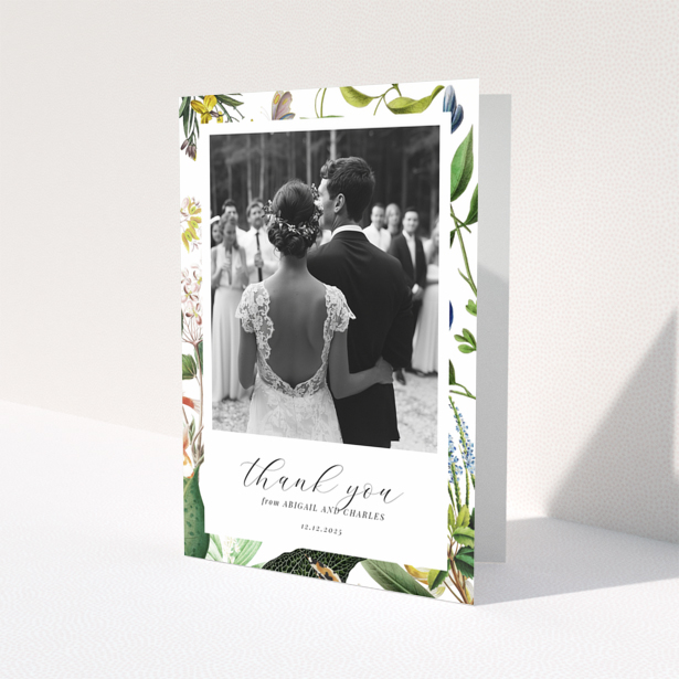 Floral wedding thank you card with couple's back view, one photo