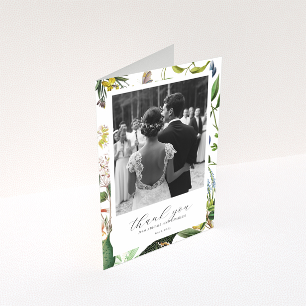 Floral wedding thank you card with couple's back view, one photo