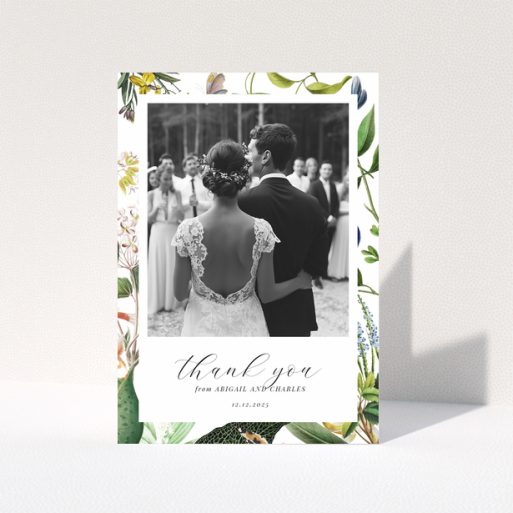 Floral wedding thank you card with couple's back view, one photo