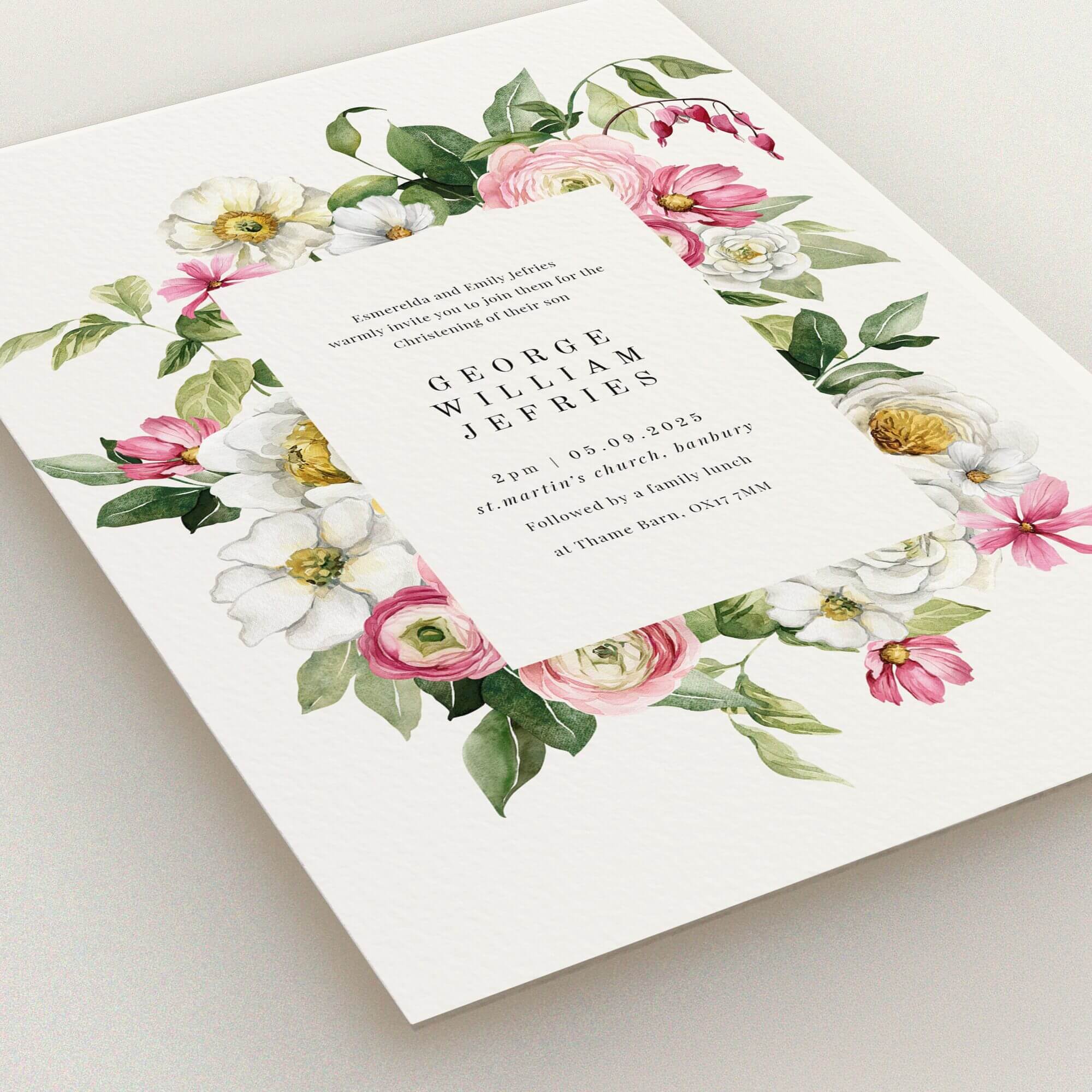 Floral christening invitation design with no photos.