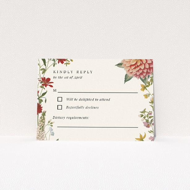 RSVP card from the Botanical Border suite with exquisite botanical illustration framing the central text, featuring deep reds, pinks, and lush greens against an off-white background. This is a view of the front
