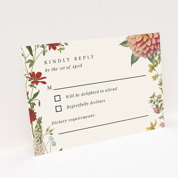 RSVP card from the Botanical Border suite with exquisite botanical illustration framing the central text, featuring deep reds, pinks, and lush greens against an off-white background. This is a view of the back