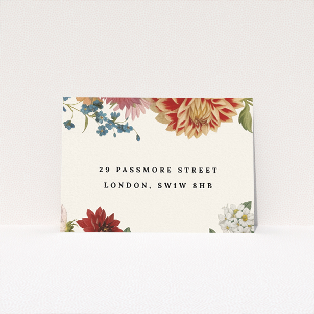 RSVP card from the Botanical Border suite with exquisite botanical illustration framing the central text, featuring deep reds, pinks, and lush greens against an off-white background. This is a view of the back