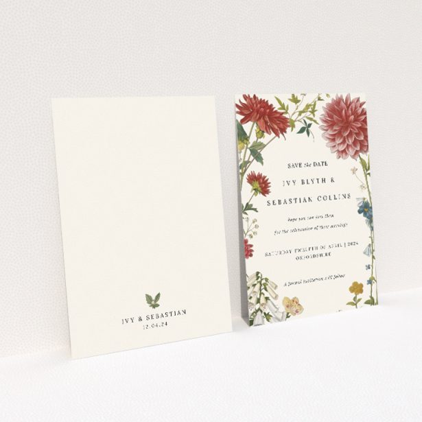 Botanical Border Save the Date card - A6 portrait-oriented design with detailed autumnal florals against a warm neutral background, evoking the elegance of a traditional English garden This is a view of the back