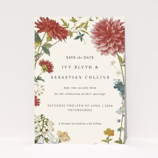Botanical Border Save the Date card - A6 portrait-oriented design with detailed autumnal florals against a warm neutral background, evoking the elegance of a traditional English garden This is a view of the front