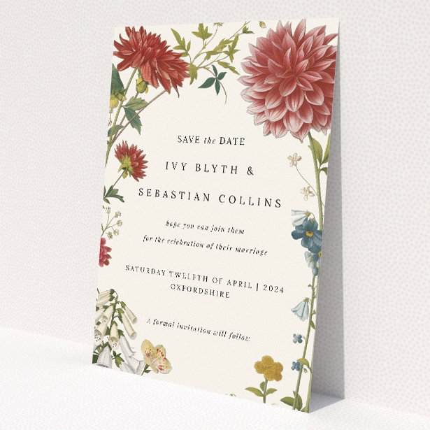Botanical Border Save the Date card - A6 portrait-oriented design with detailed autumnal florals against a warm neutral background, evoking the elegance of a traditional English garden This is a view of the front