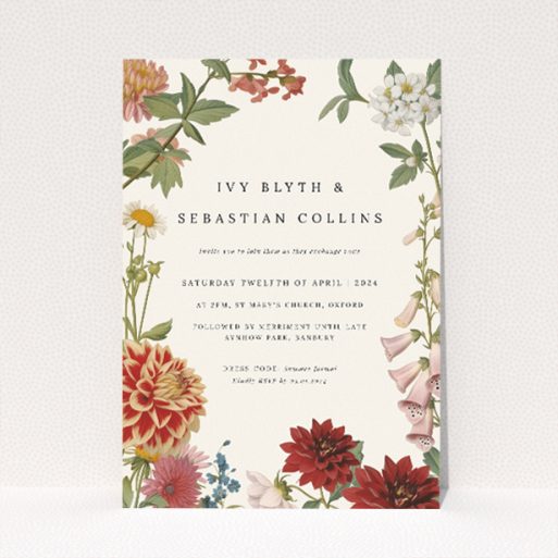 Botanical Border wedding invitation featuring exquisite botanical illustration of flowers in full bloom, celebrating the natural beauty of a traditional English garden, perfect for couples seeking classic elegance and floral charm for their wedding stationery This is a view of the front