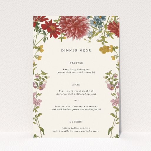 Botanical Border wedding menu template featuring deep reds, pinks, and lush greens botanical illustrations on an off-white background, exuding classic elegance and floral charm inspired by traditional English gardens This is a view of the front