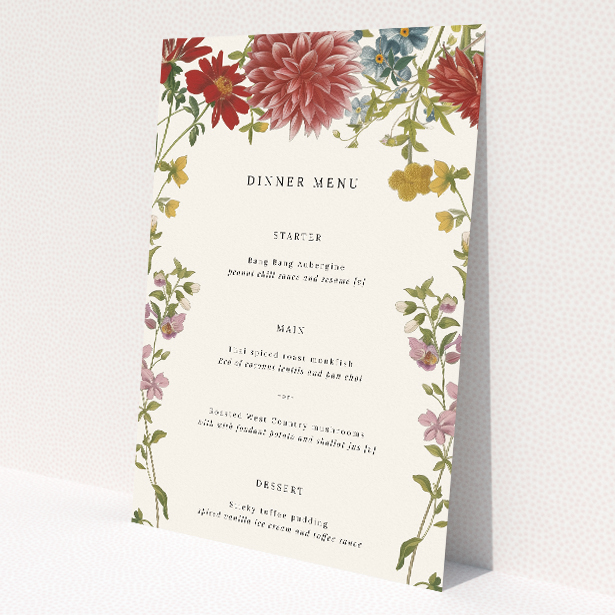 Botanical Border wedding menu template featuring deep reds, pinks, and lush greens botanical illustrations on an off-white background, exuding classic elegance and floral charm inspired by traditional English gardens This is a view of the front