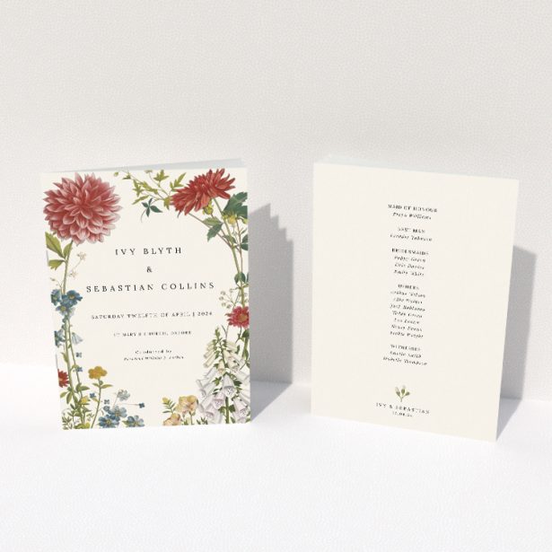Tasteful Botanical Border Wedding Order of Service Booklet Template. This image shows the front and back sides together