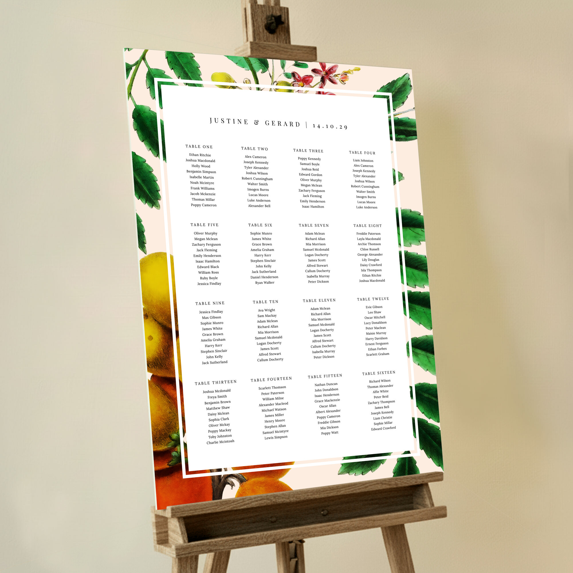 Foamex Botanical Bounty Seating Arrangement featuring a hand-painted illustration of flowers and fruits in deep hues of orange, green, and light cream, capturing the beauty and richness of the natural world for an elegant and refined wedding reception ambiance.. This one is formatted for 16 tables.