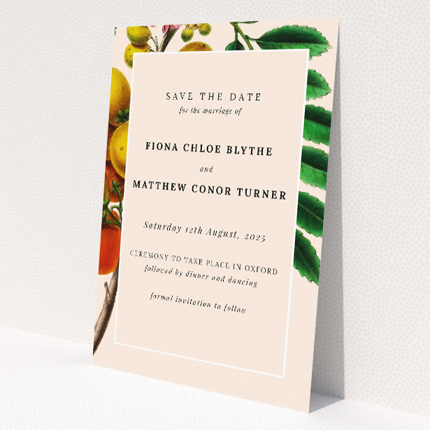 A6 Botanical Bounty Save the Date card design featuring lush garden elements of ripe fruits and verdant leaves against a cream-coloured backdrop, symbolizing nature's vibrancy and abundance, perfect for couples seeking to convey freshness and joy for their upcoming wedding celebration This is a view of the front