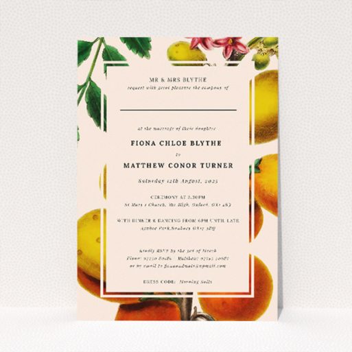 Botanical Bounty Wedding Invitation - A5-sized invitation featuring hand-painted fruits and leaves in vibrant yellows, greens, and hints of red, capturing the luscious allure of a fruitful garden with a touch of whimsical charm This is a view of the front
