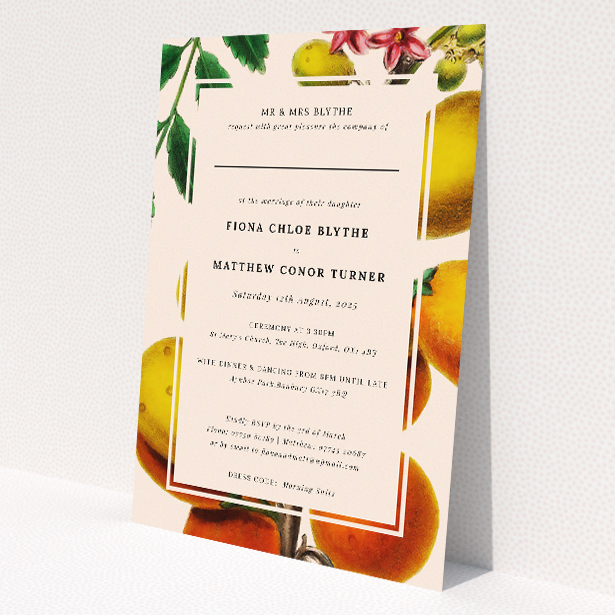 Botanical Bounty Wedding Invitation - A5-sized invitation featuring hand-painted fruits and leaves in vibrant yellows, greens, and hints of red, capturing the luscious allure of a fruitful garden with a touch of whimsical charm This is a view of the front
