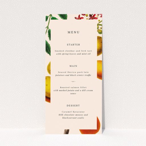 Botanical Bounty wedding menu - A vibrant wedding menu design inspired by lush gardens, featuring hand-painted fruits and leaves in yellow, green, and red hues, perfect for couples seeking classic elegance with a touch of whimsical charm This is a view of the front
