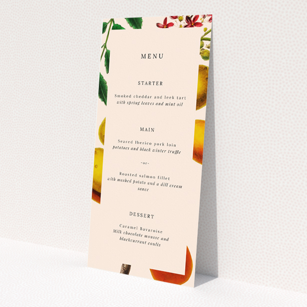 Botanical Bounty wedding menu - A vibrant wedding menu design inspired by lush gardens, featuring hand-painted fruits and leaves in yellow, green, and red hues, perfect for couples seeking classic elegance with a touch of whimsical charm This is a view of the front