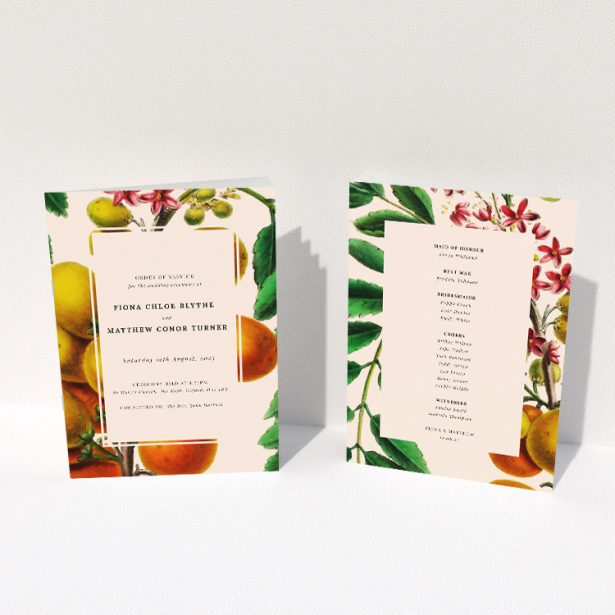 Botanical Bounty Wedding Order of Service A5 Booklet Template with Vintage Botanical Illustrations. This image shows the front and back sides together