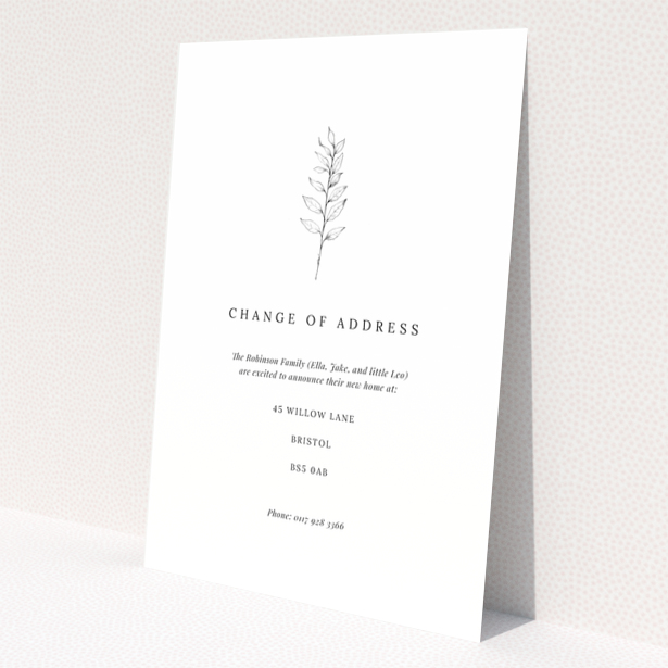 Minimalist botanical change of address card with one photo of a leaf illustration.