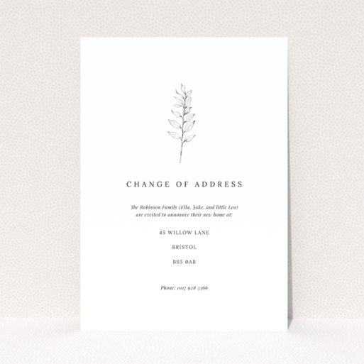 Minimalist botanical change of address card with one photo of a leaf illustration.