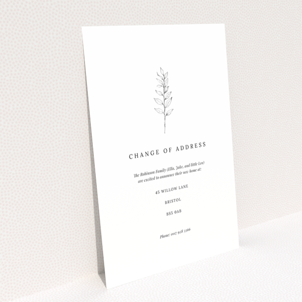 Minimalist botanical change of address card with one photo of a leaf illustration.
