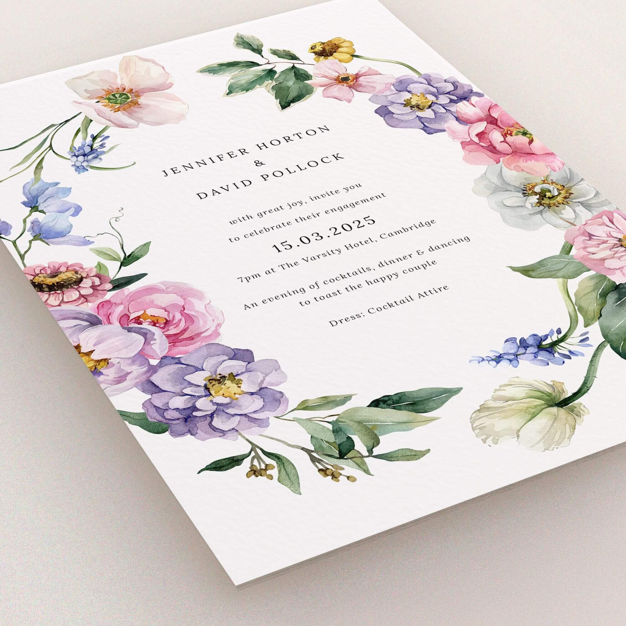 Floral engagement party invitations design with elegant typography and no photos.