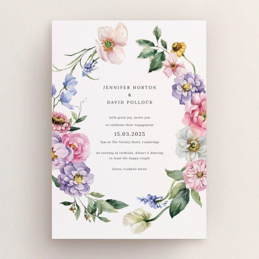 Floral engagement party invitations design with elegant typography and no photos.
