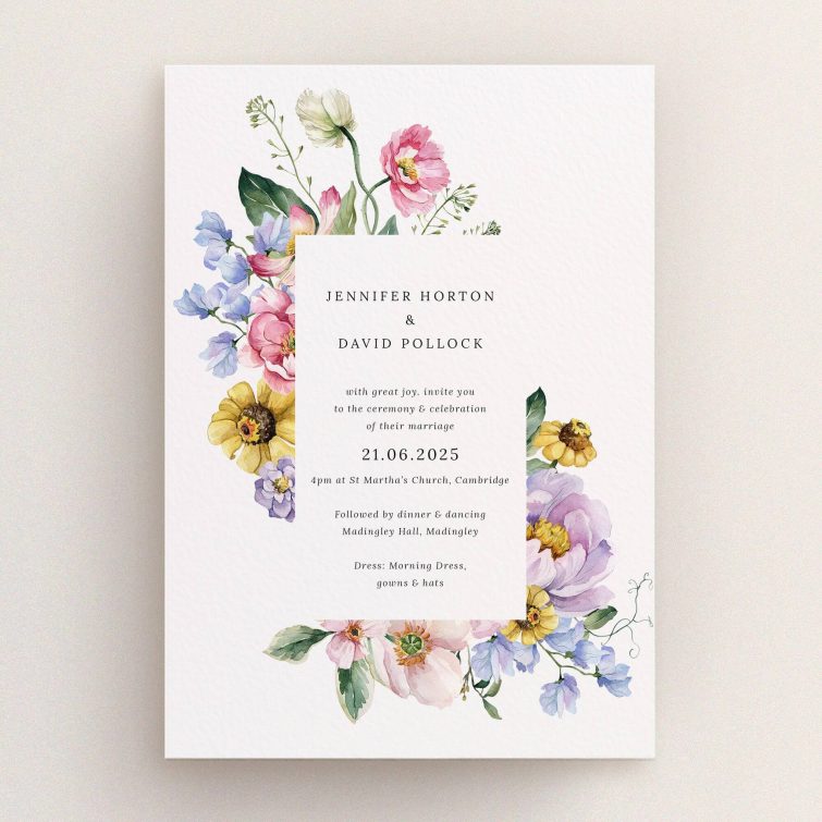 Floral wedding invitation design, featuring elegant typography and colourful botanical elements, with no photos included.