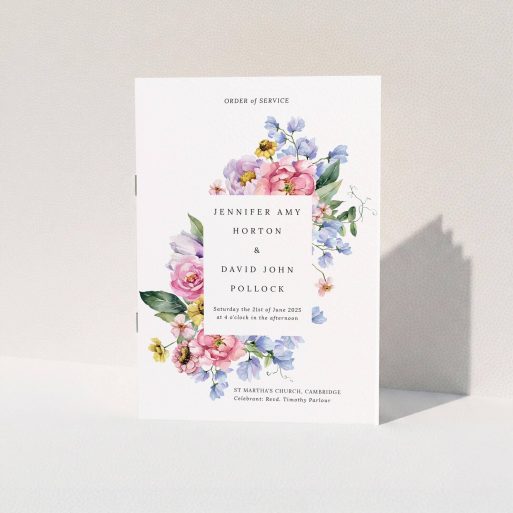 Floral design wedding order of service program with elegant layout featuring two watercolour illustrations.