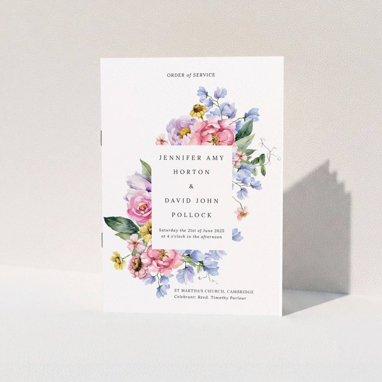 Floral design wedding order of service program with elegant layout featuring two watercolour illustrations.