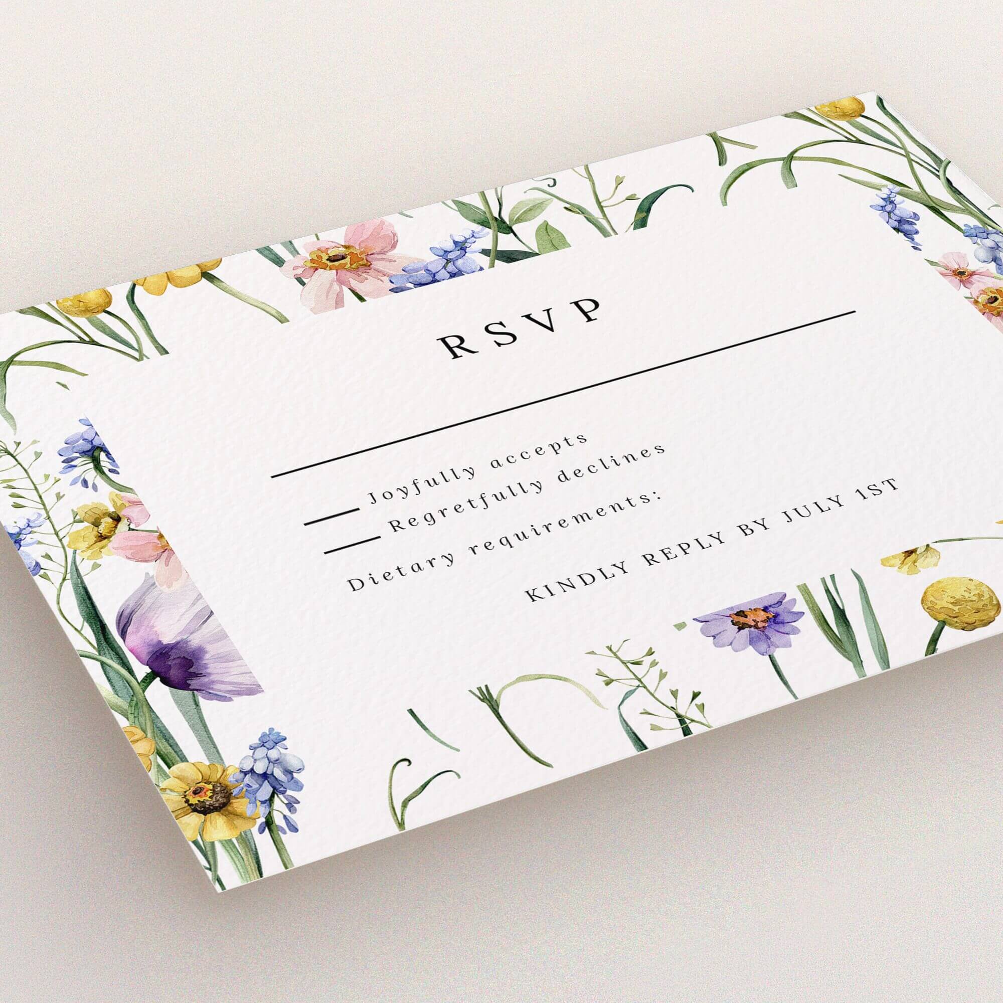 Floral-themed wedding RSVP card with no photos, featuring decorative botanical illustrations.