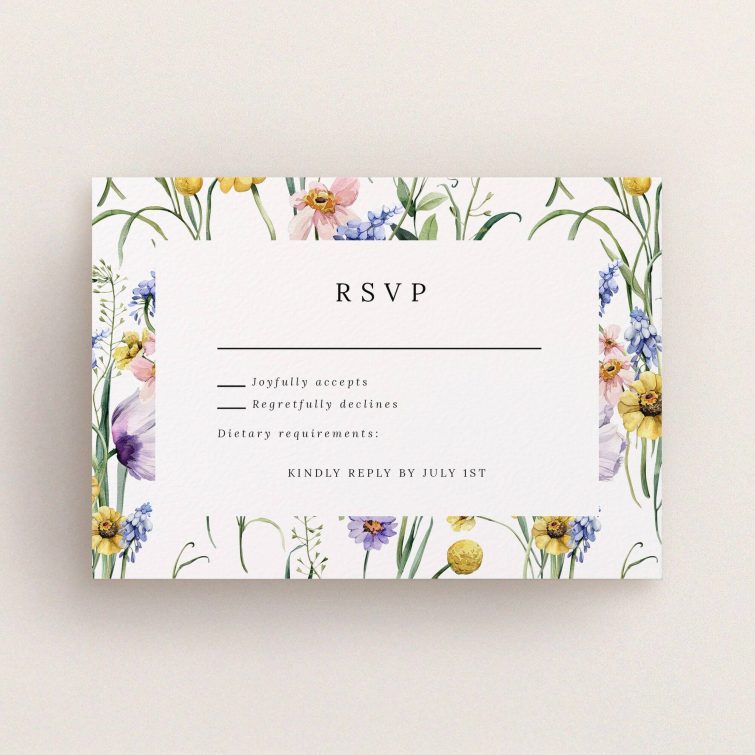 Floral-themed wedding RSVP card with no photos, featuring decorative botanical illustrations.