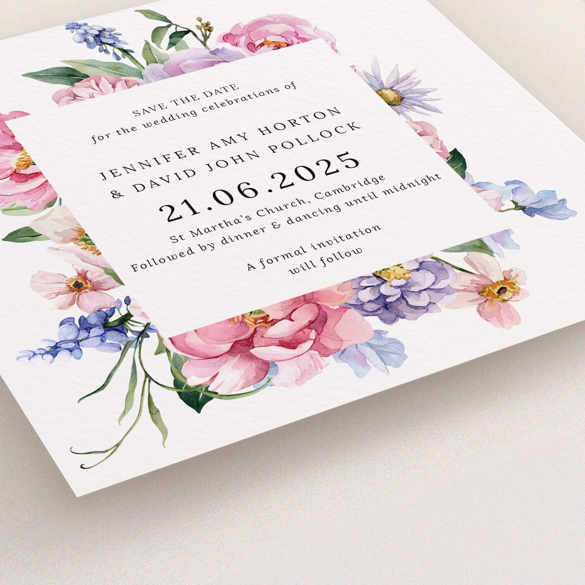 Floral wedding save the date card with one floral photo design