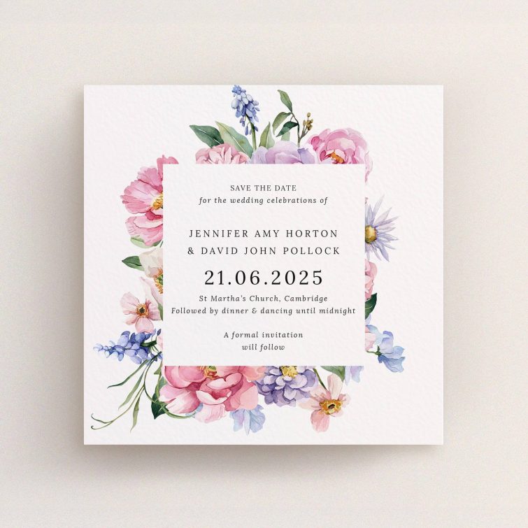Floral wedding save the date card with one floral photo design